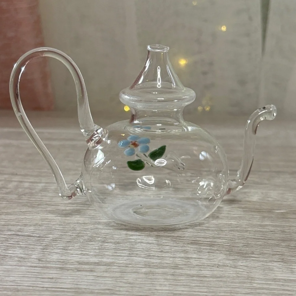 Clear Glass Teapot with Blue Flower Design